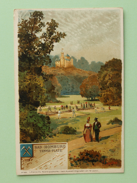 Ansichtskarte Litho AK Bad Homburg 1900-1910 Tennis Platz Schloss Mode Aquarell n W Lauter Architektur Ortsansicht Hessen